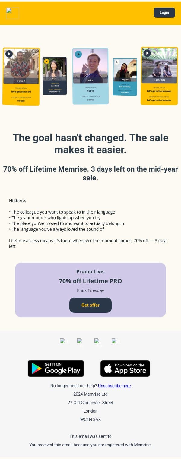 70% off Lifetime. 3 days left. email from Memrise screenshot