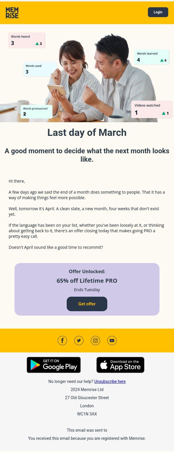 April starts tomorrow email from Memrise screenshot