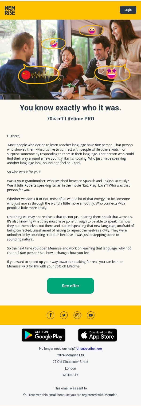 Who made you want to learn a language? email from Memrise screenshot