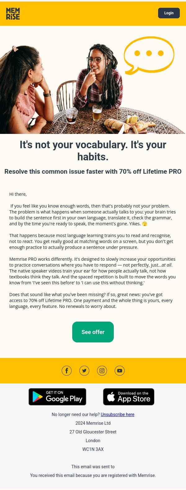 Why you keep freezing mid-conversation email from Memrise screenshot