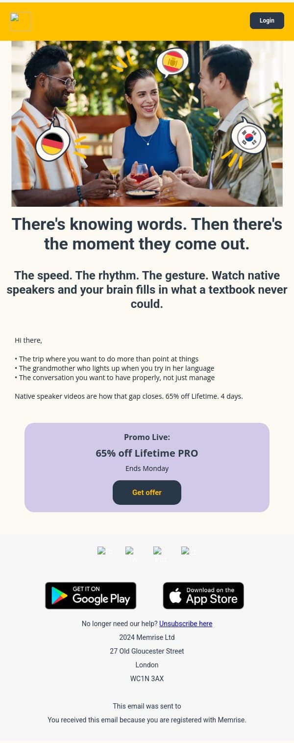 65% off Lifetime. 4 days left. email from Memrise screenshot