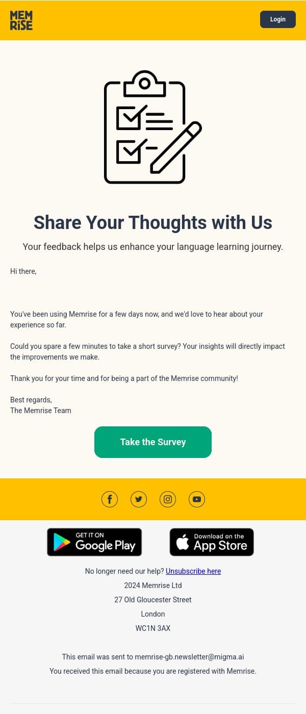 Help Us Improve Your Memrise Experience! email from Memrise screenshot