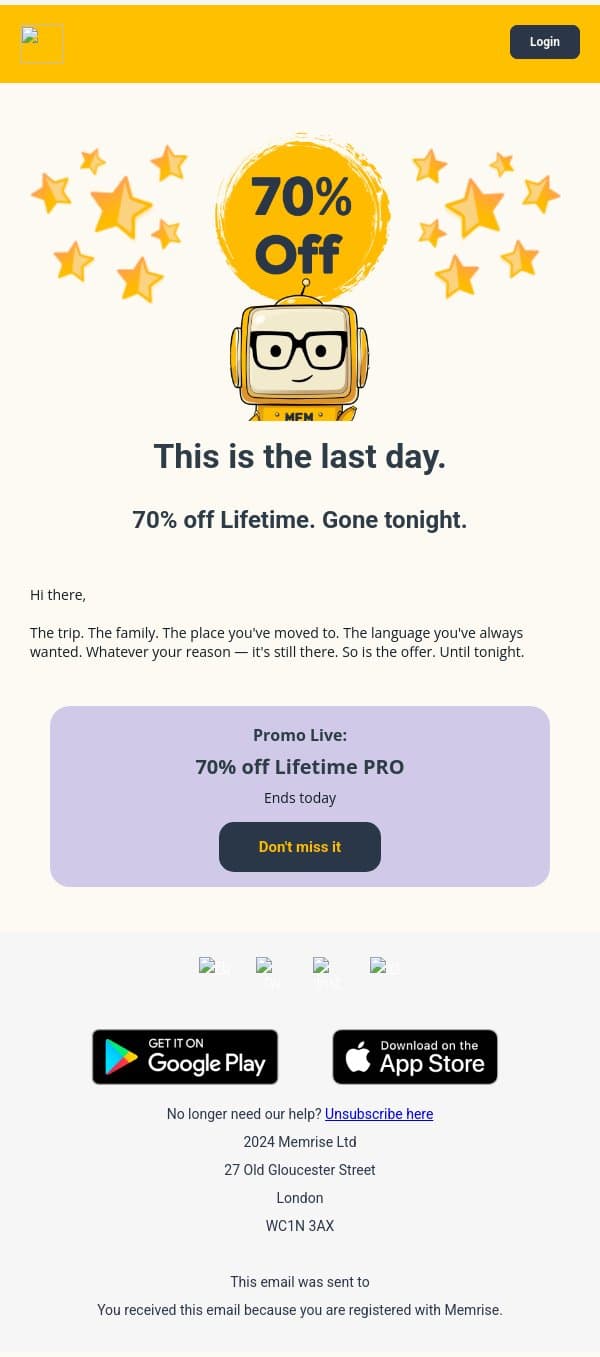 Last day. 70% off Lifetime. email from Memrise screenshot