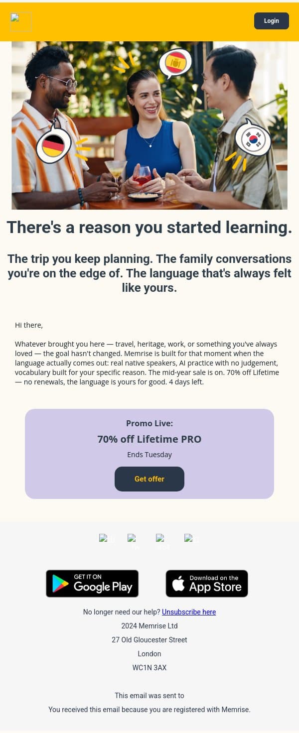 The mid-year sale is on. 70% off Lifetime. email from Memrise screenshot
