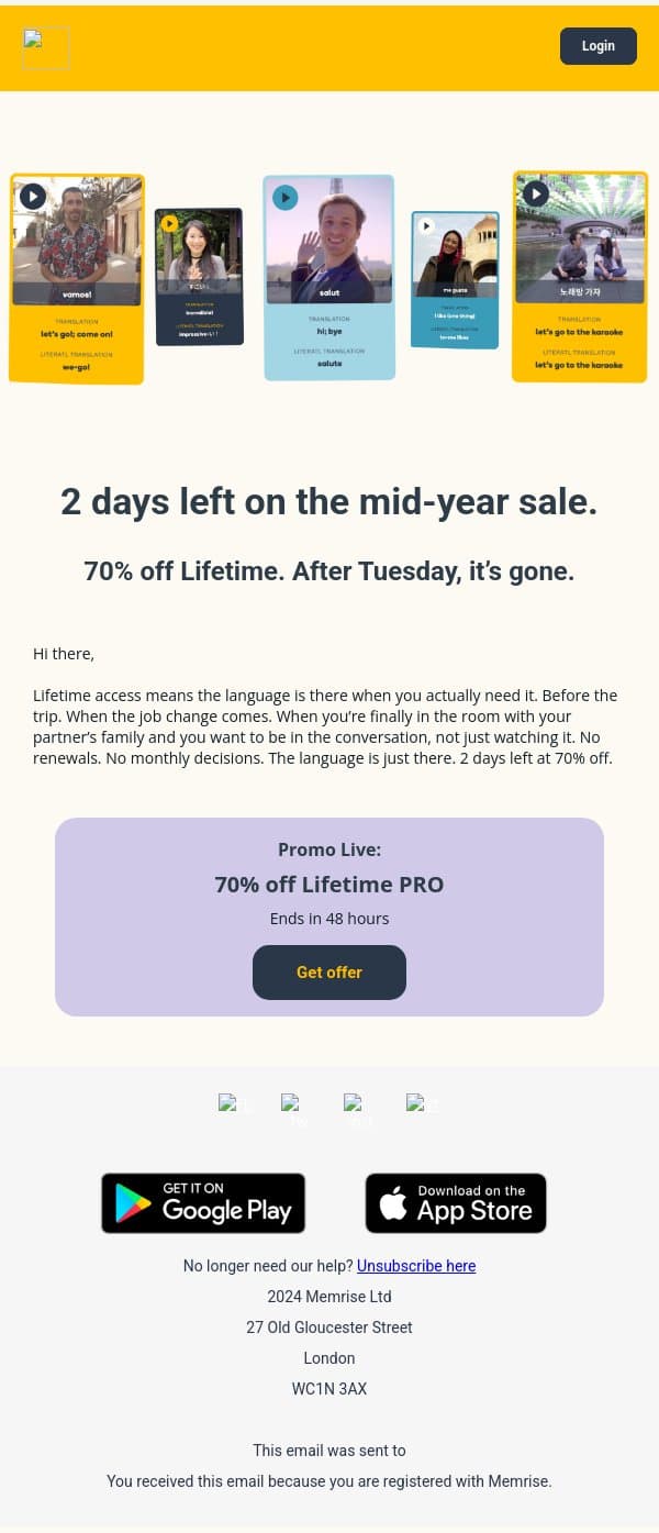 2 days left. 70% off Lifetime. email from Memrise screenshot