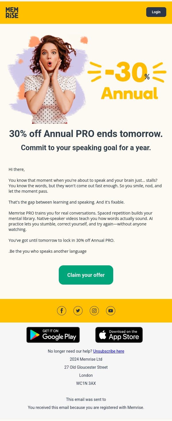 30% off Annual PRO – starts now email from Memrise screenshot