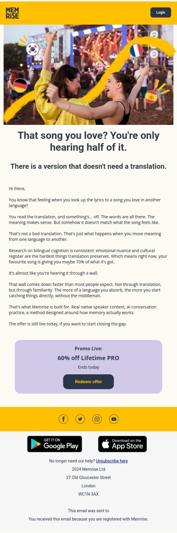 Here's what your favourite foreign song is trying to tell you. email from Memrise screenshot