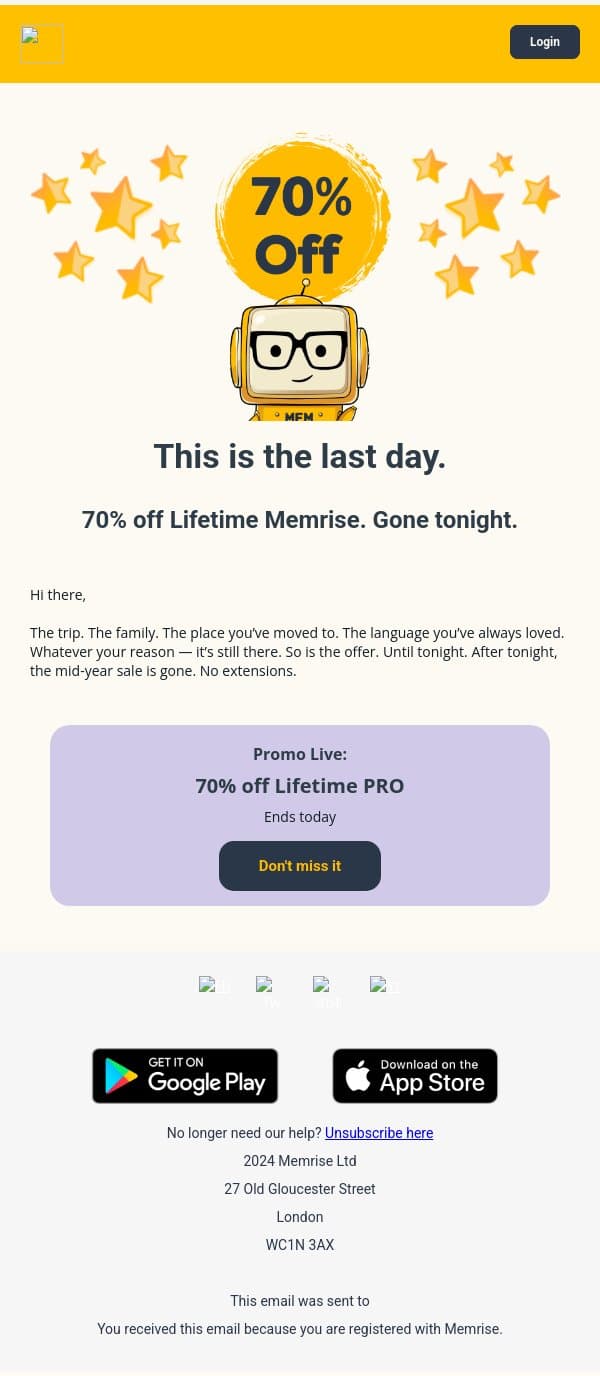 Last day. 70% off Lifetime. Gone tonight. email from Memrise screenshot