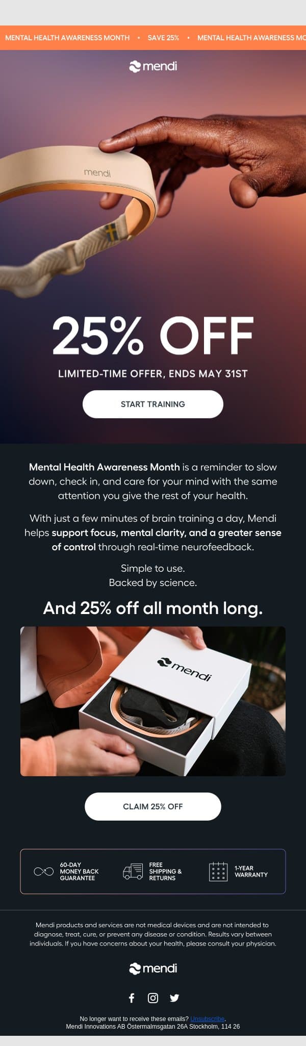 Celebrate Mental Health Awareness with 25% off email from Mendi screenshot