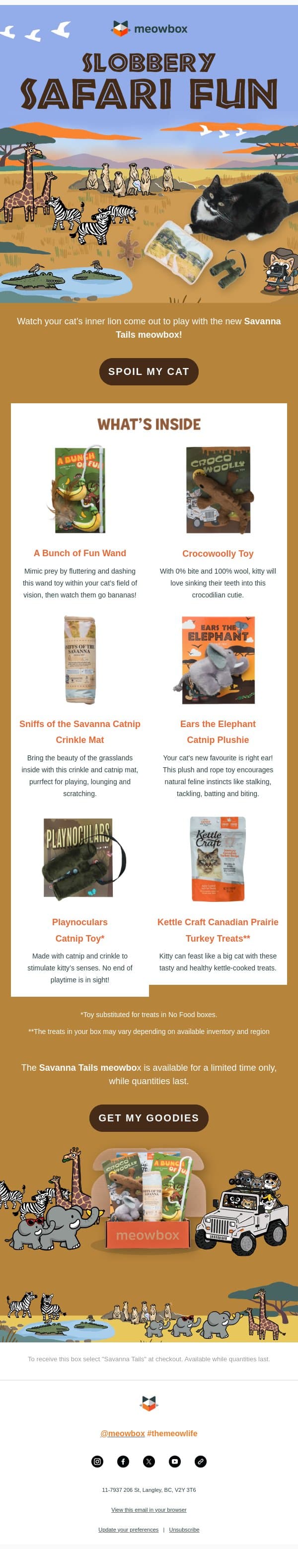 Join the safari adventure with Savanna Tails 🐘🦁 email from MeowBox screenshot