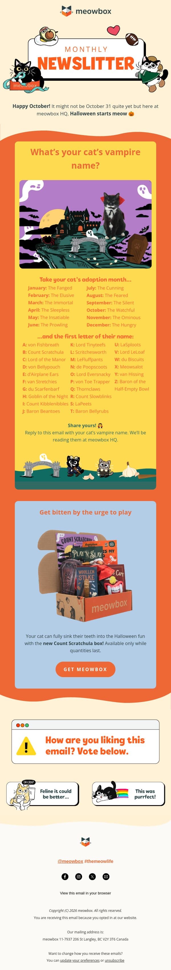 The Immortal Lord LeLoaf?? Find your cat's vampire name 🧛🏻‍♂️ email from MeowBox screenshot