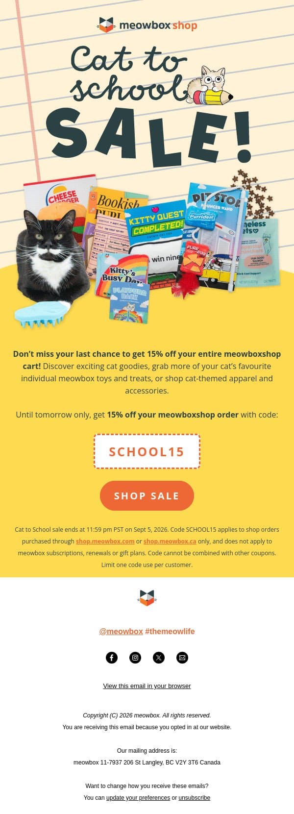 Last chance for 15% off EVERYTHING in the meowboxshop! 🛍️ email from MeowBox screenshot