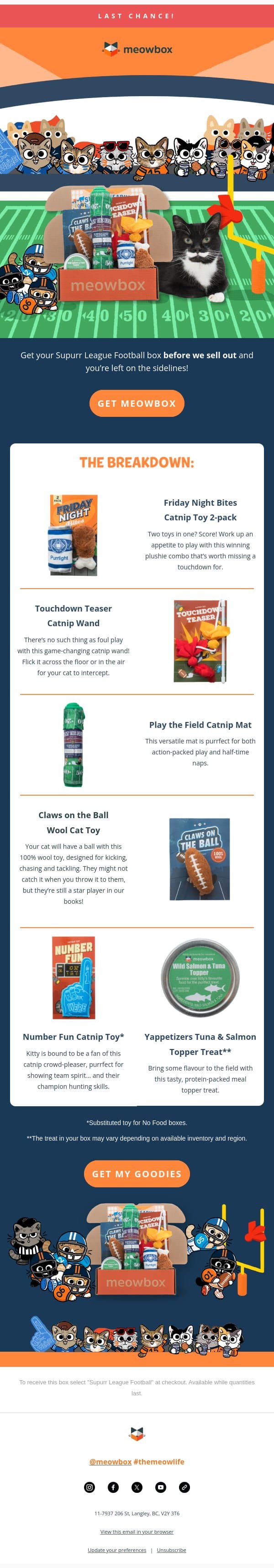 Last chance for our football meowbox 🏈 email from MeowBox screenshot