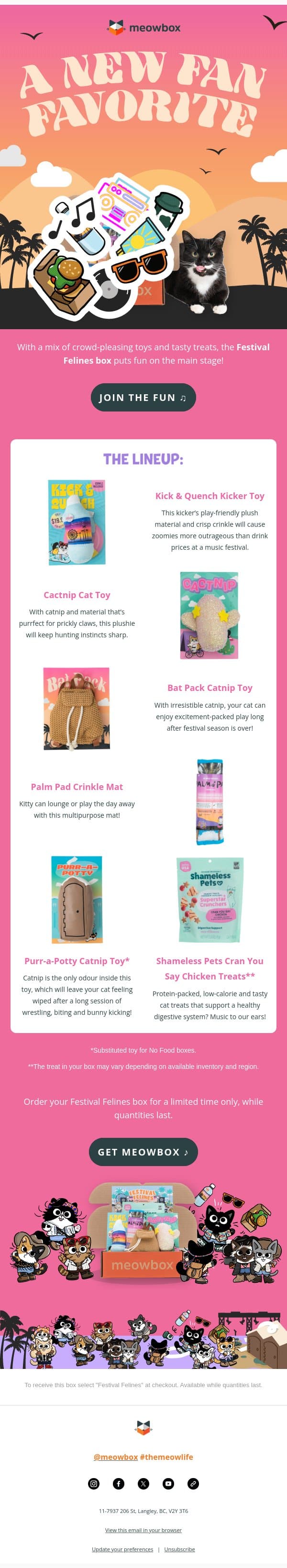 A sneak peek at the Festival Felines lineup 🎶 email from MeowBox screenshot
