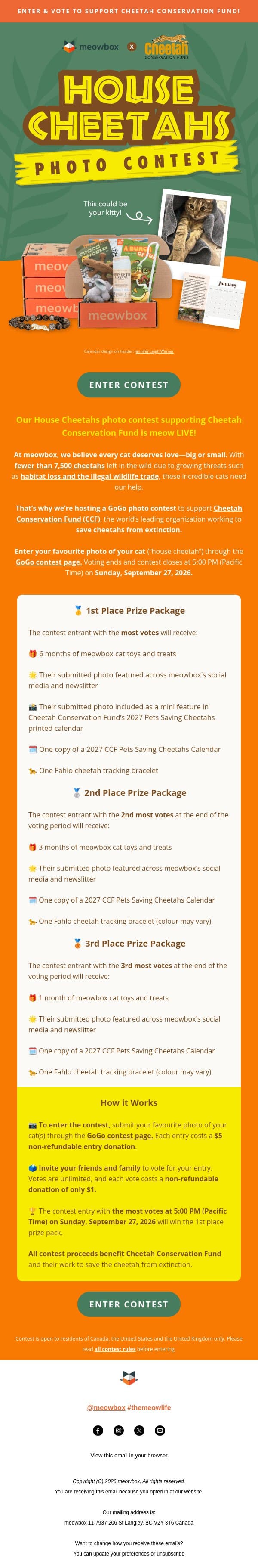Our GoGo fundraiser contest is LIVE! 📸 Submit your best cat photo email from MeowBox screenshot