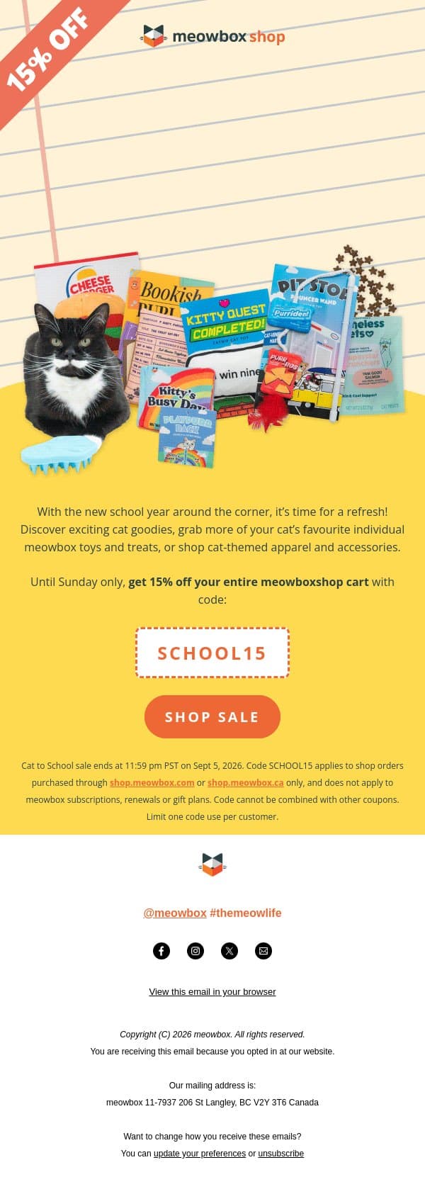 The Cat to School meowboxshop sale is LIVE! 🎒 email from MeowBox screenshot