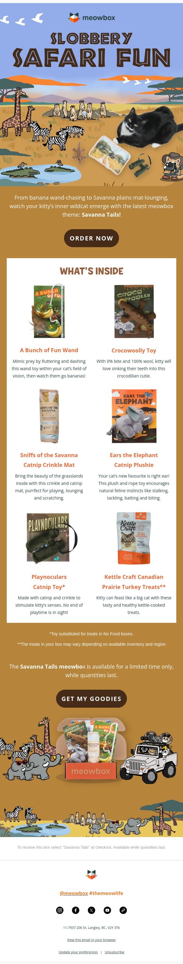 Don’t miss the Savanna Tails box 🦒🐒 email from MeowBox screenshot