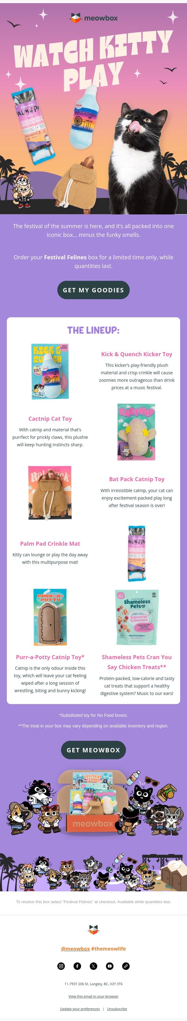 New headliner just dropped at checkout 🌵🎶🎡 email from MeowBox screenshot