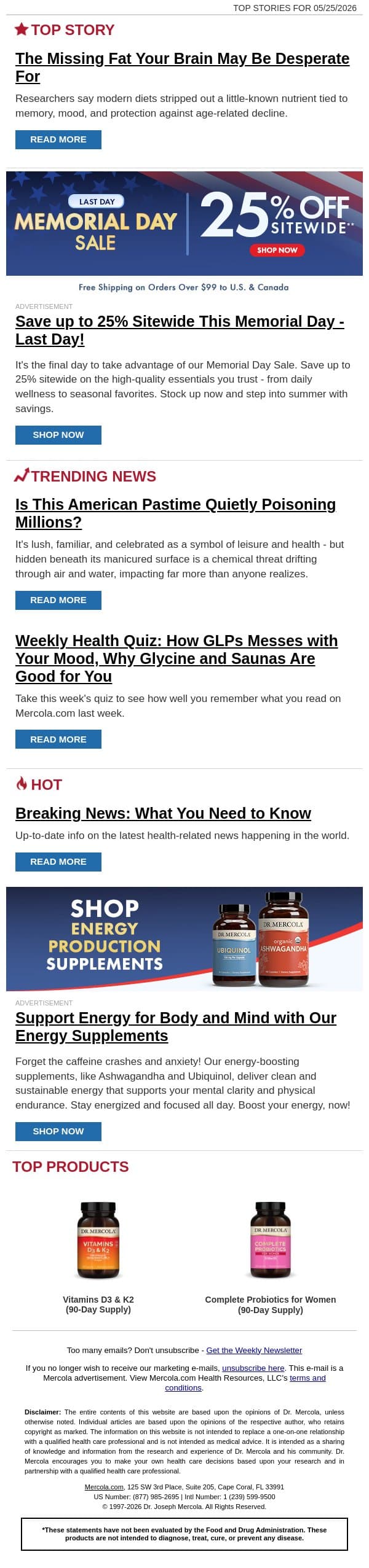 The Missing Fat Your Brain May Be Desperate For email from Mercola screenshot
