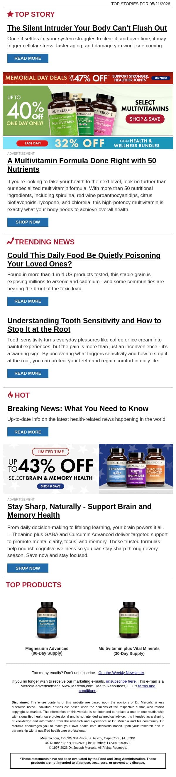 The Silent Intruder Your Body Can't Flush Out email from Mercola screenshot