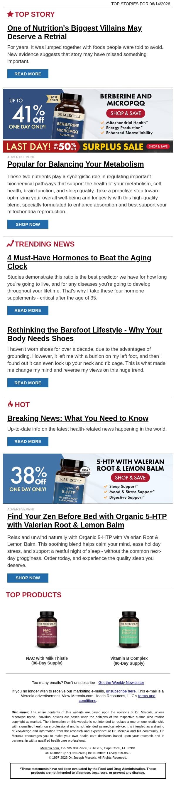 One of Nutrition's Biggest Villains May Deserve a Retrial email from Mercola screenshot