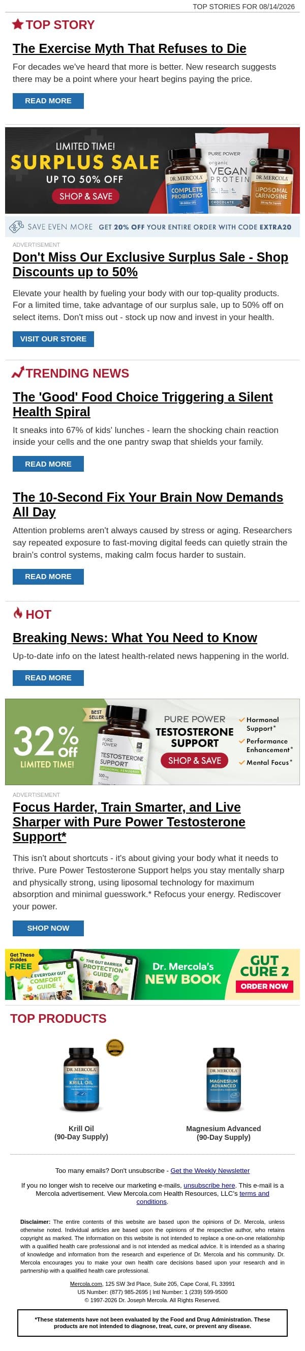 The Exercise Myth That Refuses to Die email from Mercola screenshot