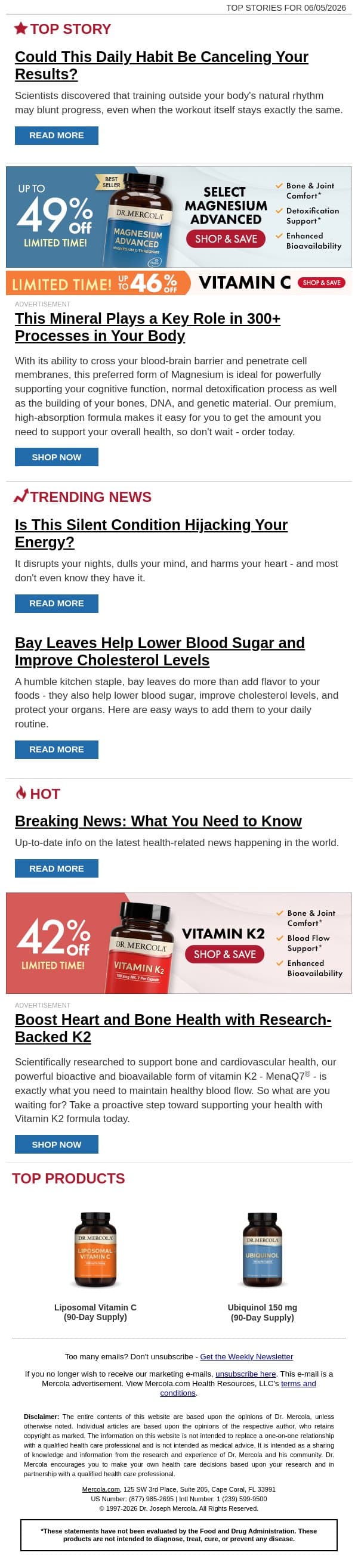 Could This Daily Habit Be Canceling Your Results? email from Mercola screenshot