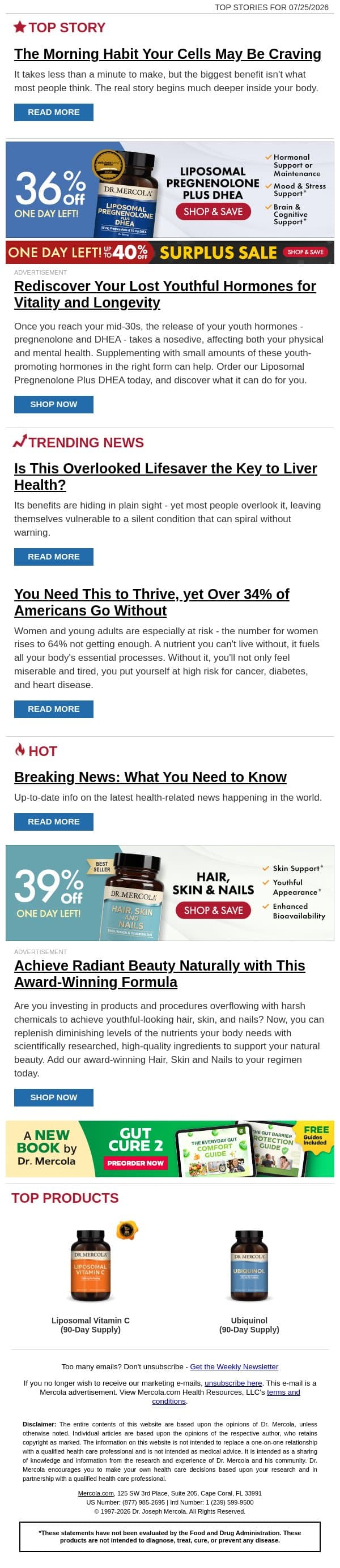 The Morning Habit Your Cells May Be Craving email from Mercola screenshot