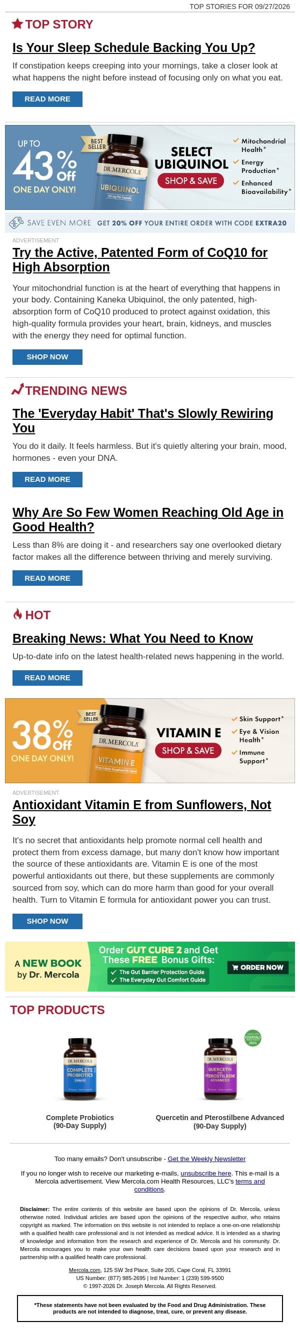 Is Your Sleep Schedule Backing You Up? email from Mercola screenshot
