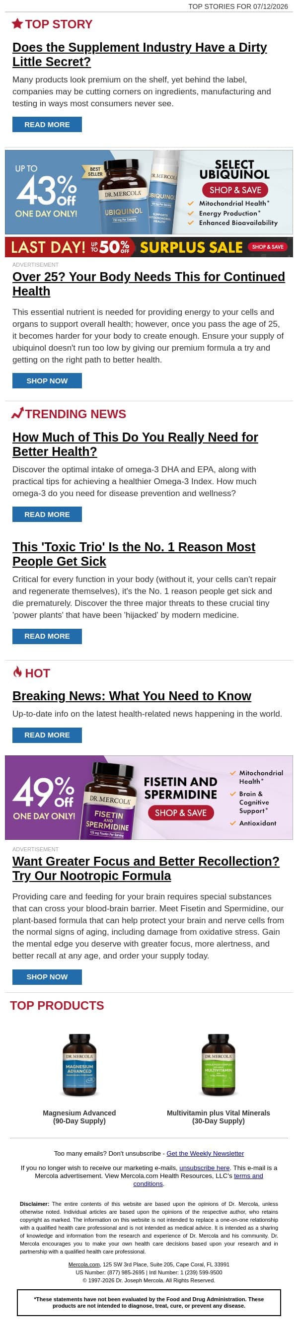 Does the Supplement Industry Have a Dirty Little Secret? email from Mercola screenshot