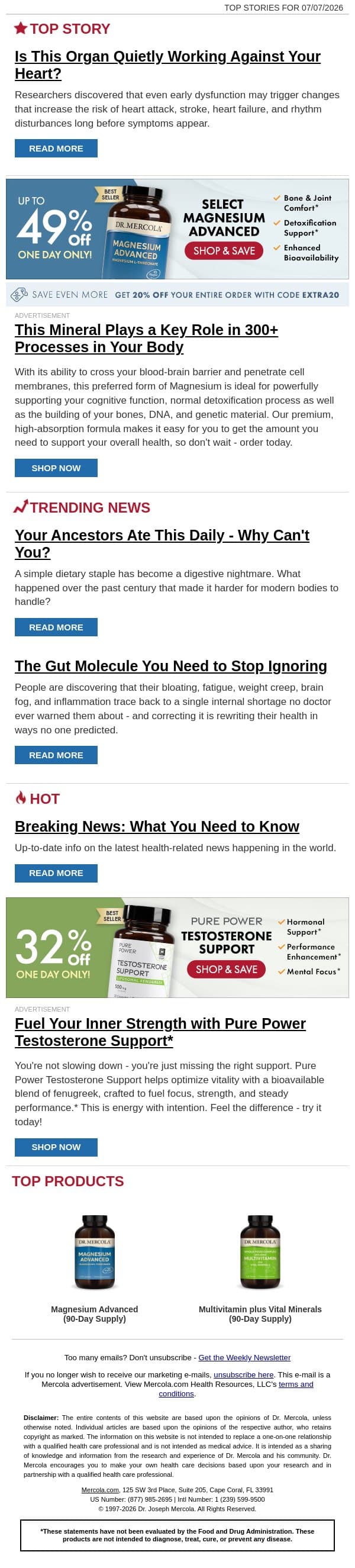 Is This Organ Quietly Working Against Your Heart? email from Mercola screenshot