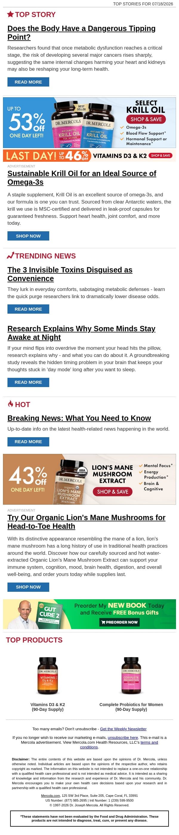 Does the Body Have a Dangerous Tipping Point? email from Mercola screenshot