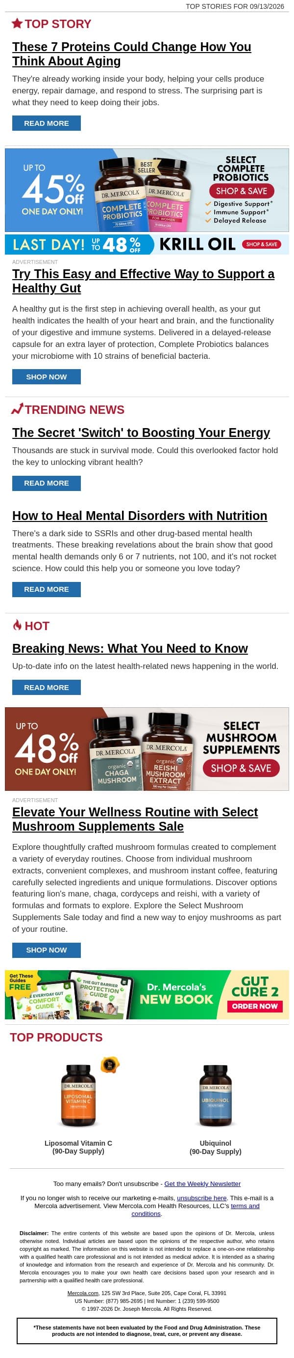 These 7 Proteins Could Change How You Think About Aging email from Mercola screenshot