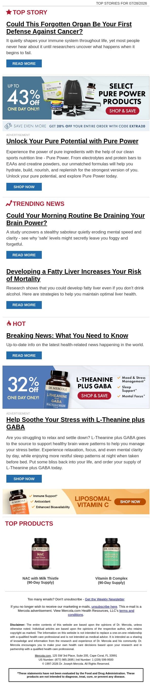 Could This Forgotten Organ Be Your First Defense Against Cancer? email from Mercola screenshot