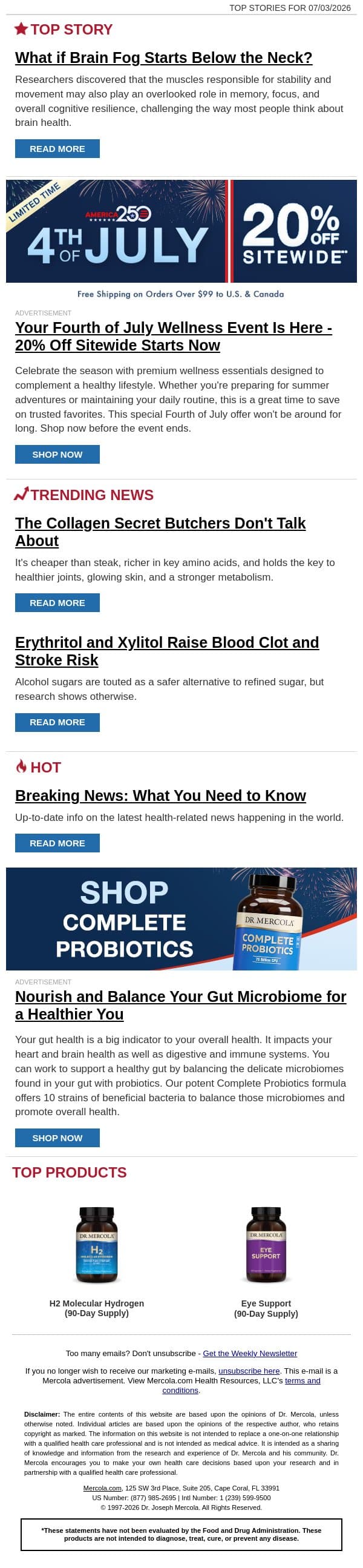 What if Brain Fog Starts Below the Neck? email from Mercola screenshot