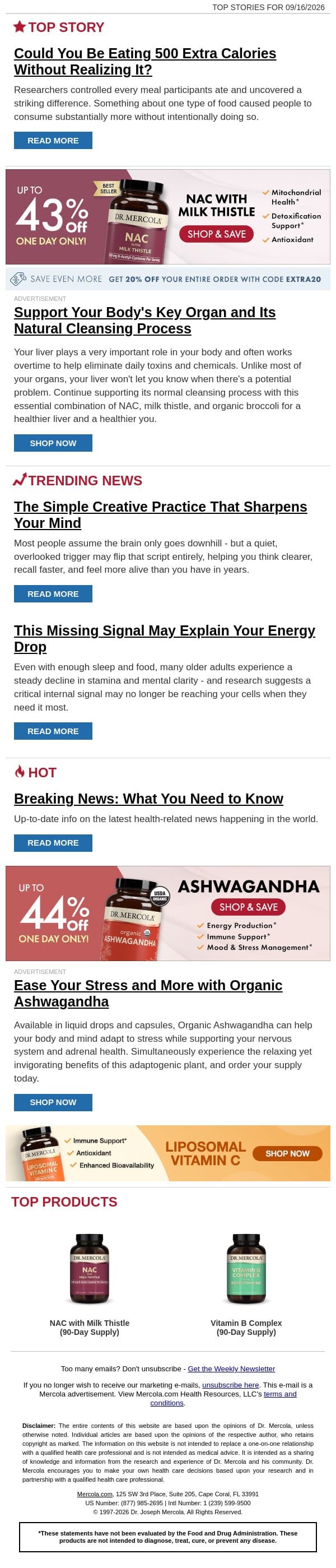 Could You Be Eating 500 Extra Calories Without Realizing It? email from Mercola screenshot