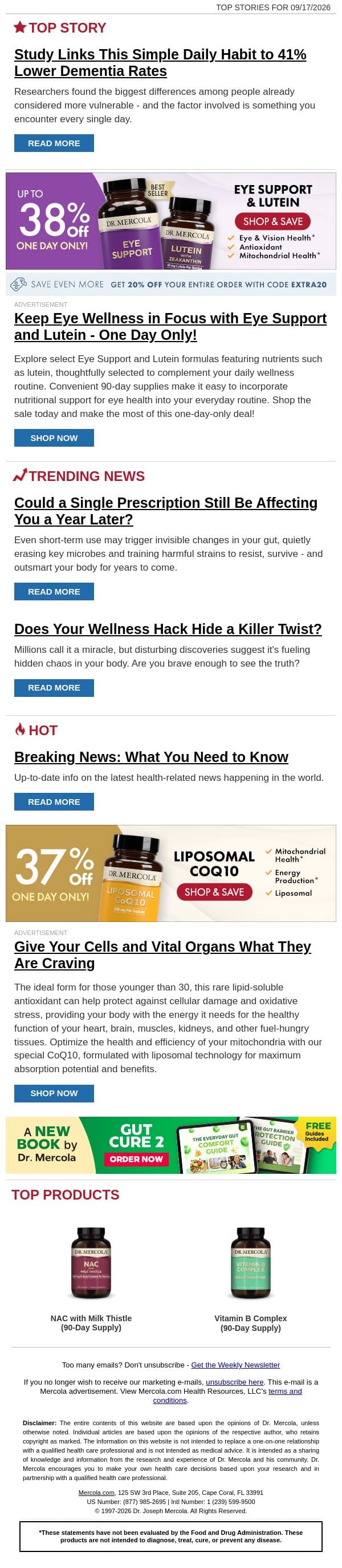 Study Links This Simple Daily Habit to 41% Lower Dementia Rates email from Mercola screenshot