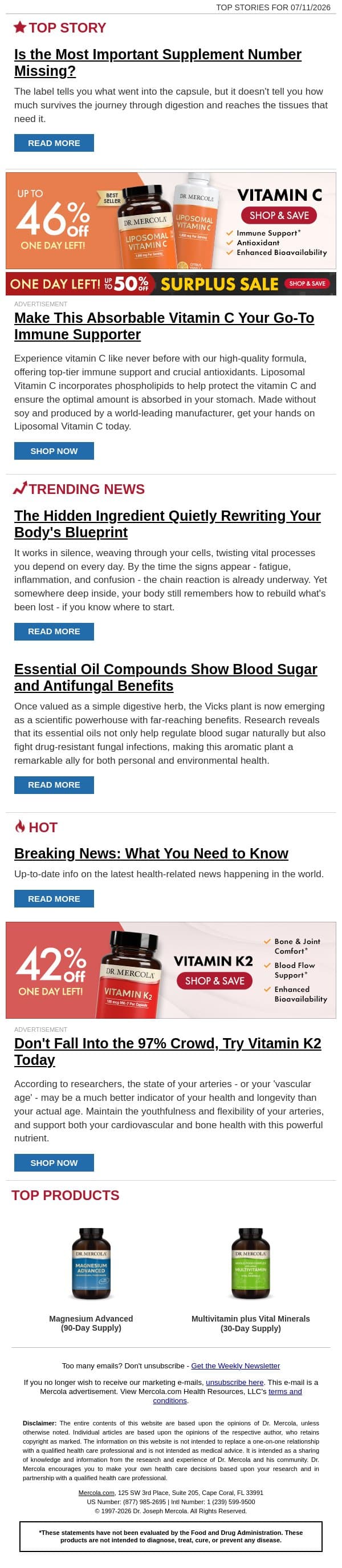 Is the Most Important Supplement Number Missing? email from Mercola screenshot