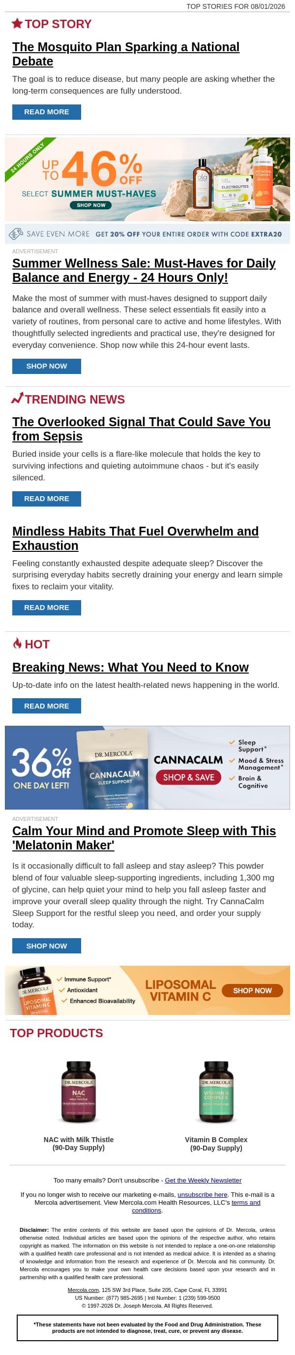 The Mosquito Plan Sparking a National Debate email from Mercola screenshot
