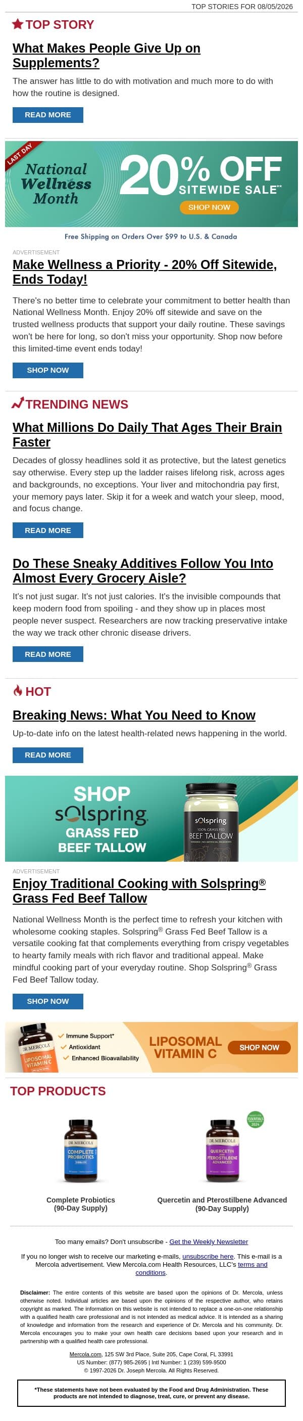 What Makes People Give Up on Supplements? email from Mercola screenshot