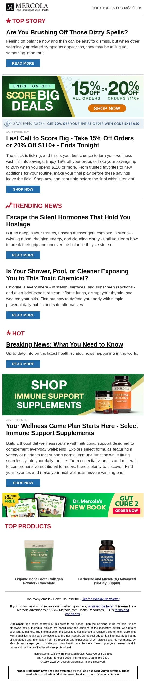 Are You Brushing Off Those Dizzy Spells? email from Mercola screenshot