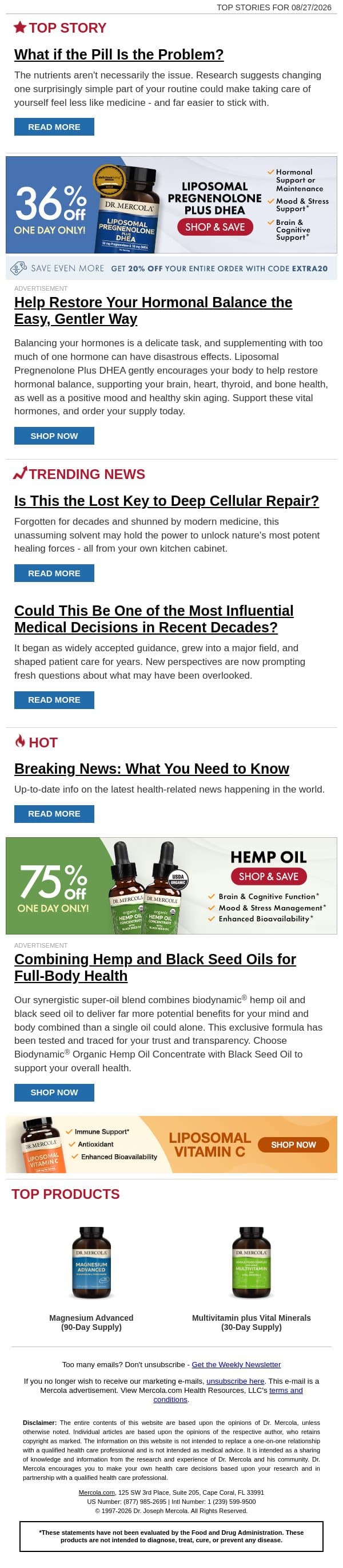 What if the Pill Is the Problem? email from Mercola screenshot