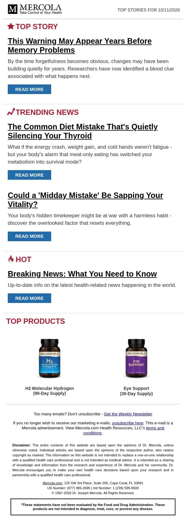 This Warning May Appear Years Before Memory Problems email from Mercola screenshot