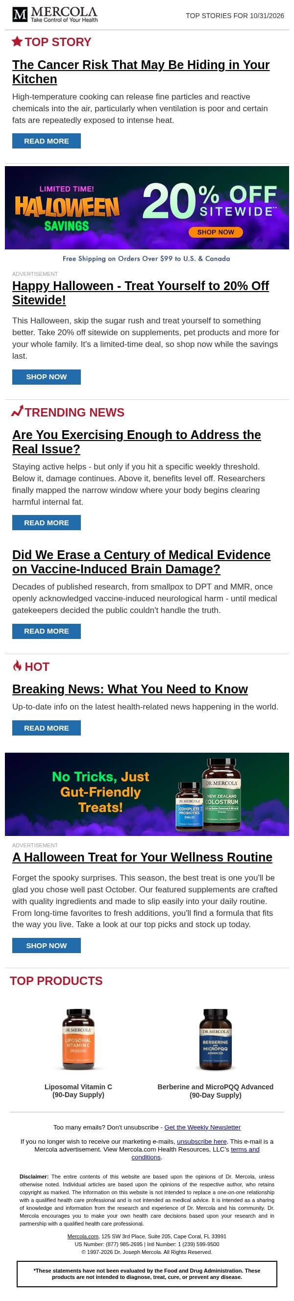 The Cancer Risk That May Be Hiding in Your Kitchen email from Mercola screenshot