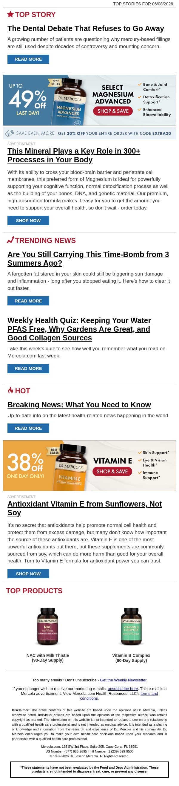 The Dental Debate That Refuses to Go Away email from Mercola screenshot