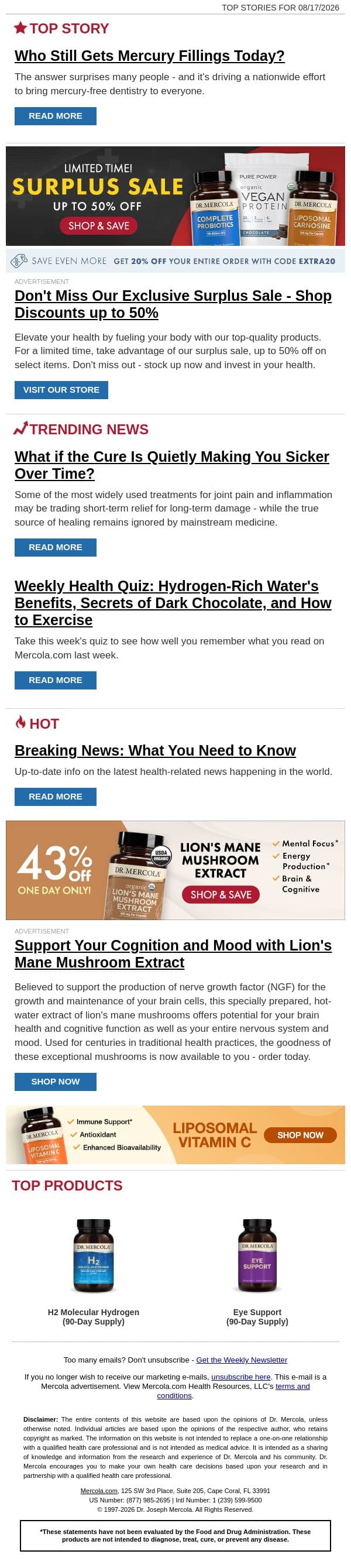 Who Still Gets Mercury Fillings Today? email from Mercola screenshot
