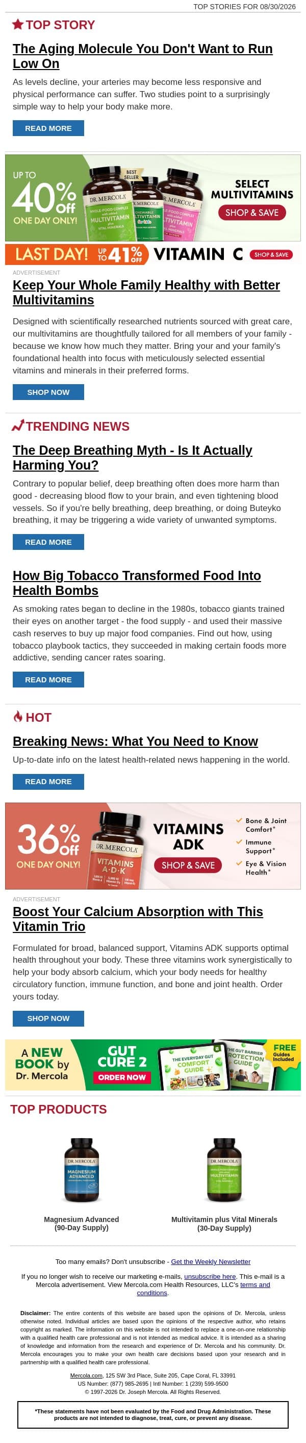 The Aging Molecule You Don't Want to Run Low On email from Mercola screenshot