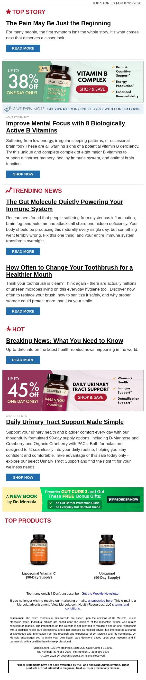 The Pain May Be Just the Beginning email from Mercola screenshot