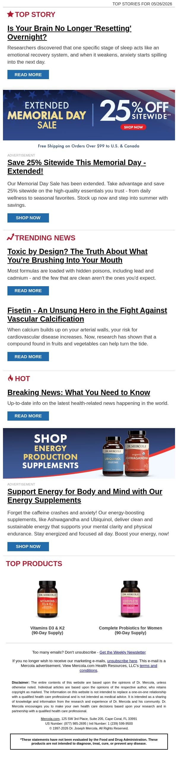 Is Your Brain No Longer 'Resetting' Overnight? email from Mercola screenshot