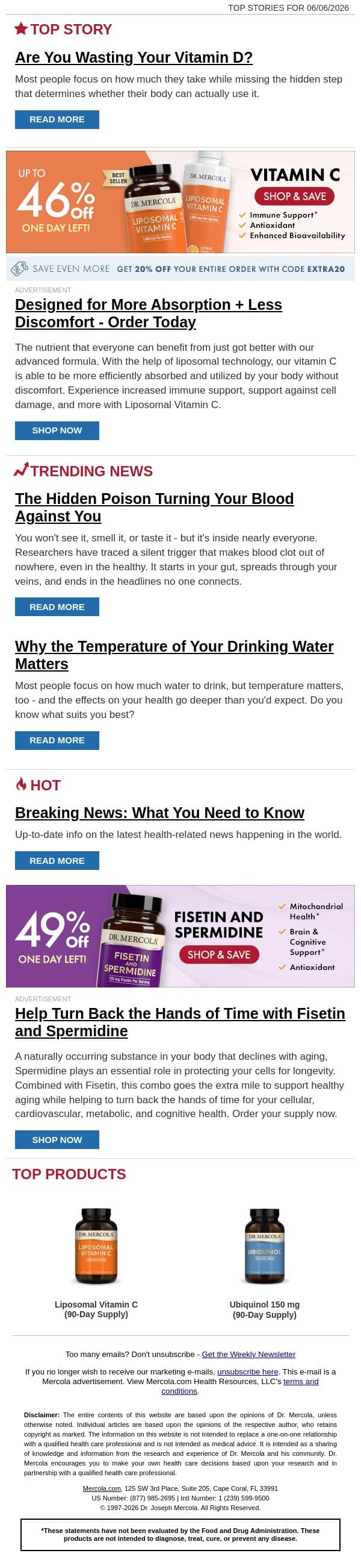 Are You Wasting Your Vitamin D? email from Mercola screenshot